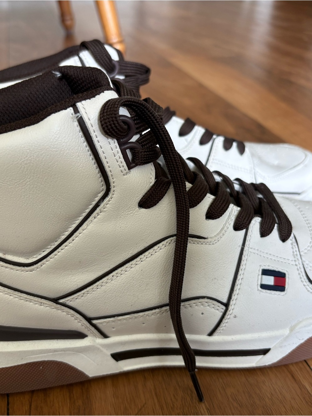 Tommy Hilfiger White and Brown High-Top Sneakers with Flag Logo
